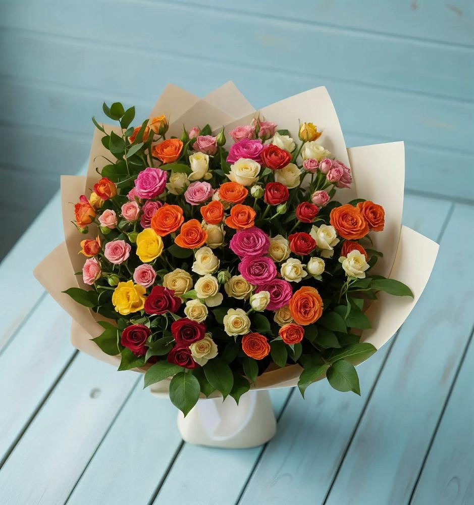Букет Микс из разноцветных кустовых роз в Мирном Кировской области